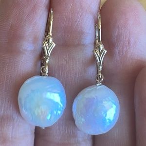 12mm White Coin Pearl Earrings 14K Yellow Gold Filled Leverbacks